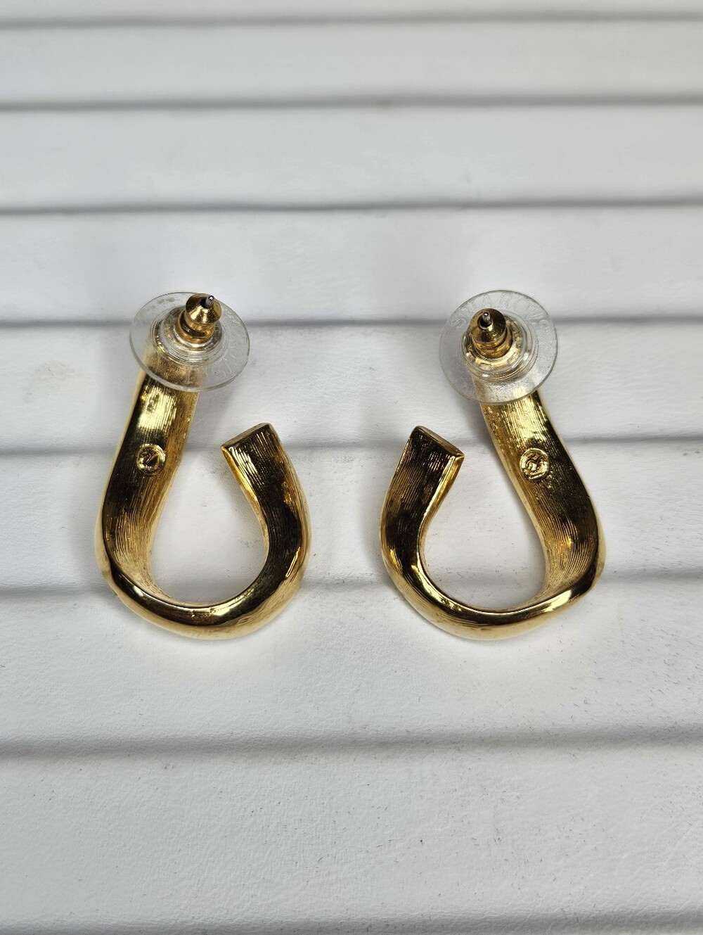 Vintage Swarovski Baguette Goldtone Pierced Earrings Signed - Picture 4 of 8